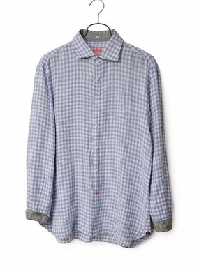 Isaia Napoli 100% Linen Shirt Blue Gingham Check Made In Italy Luxury Mens Large